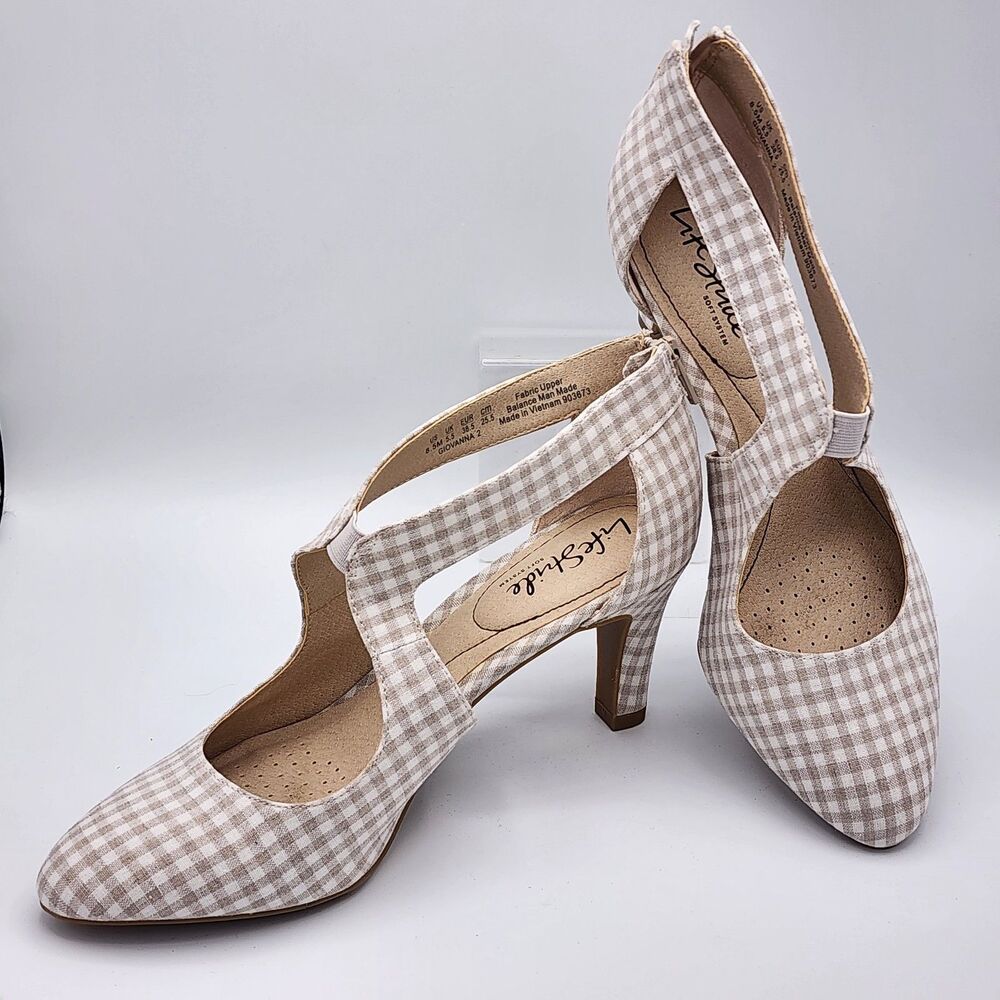 Lifestride Women's Giovanni 2 Tan Gingham Shoes Size 8.5 3.5" Heel Spring Summer